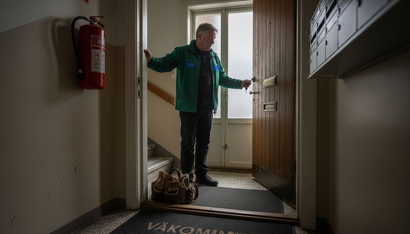 Fastighetsägaren gör en översyn av säkerheten i hyreshuset.