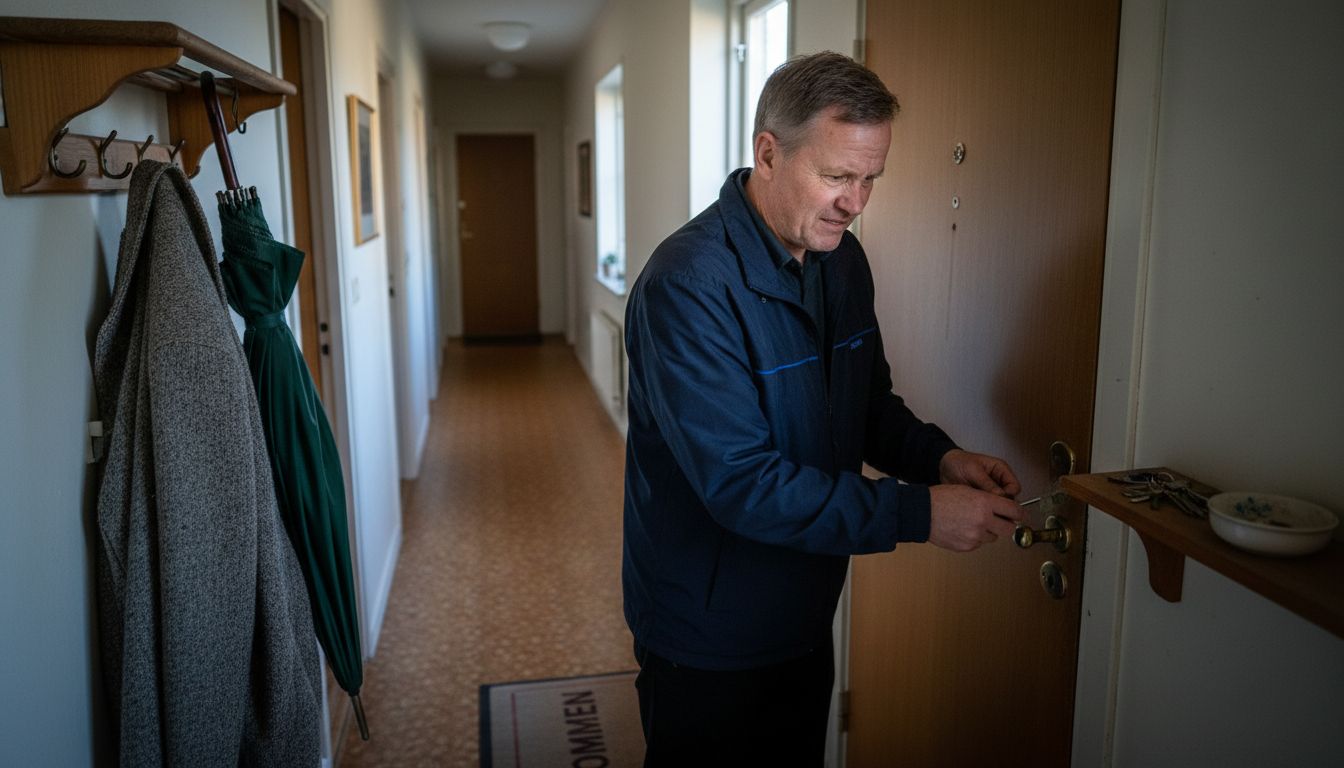 Man försöker få ordning på en trilskande ytterdörr som vägrar låsa upp sig.