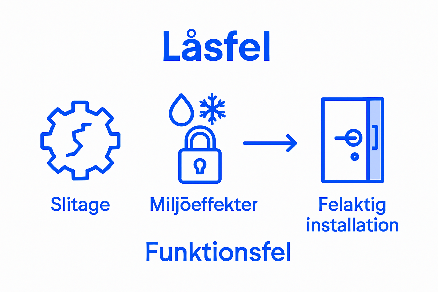 Illustration som visar de tre vanligaste orsakerna till att lås slutar fungera