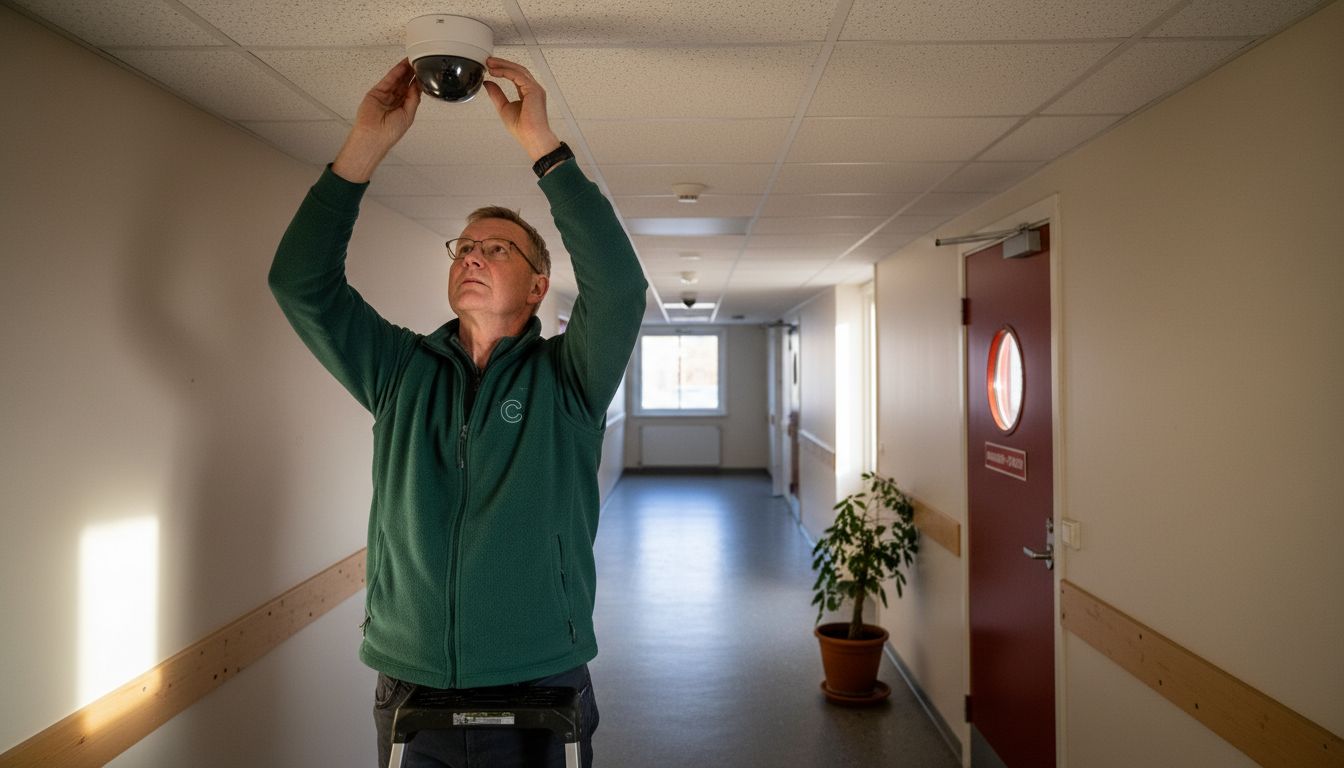 En övervakningskamera har satts upp i trapphuset.