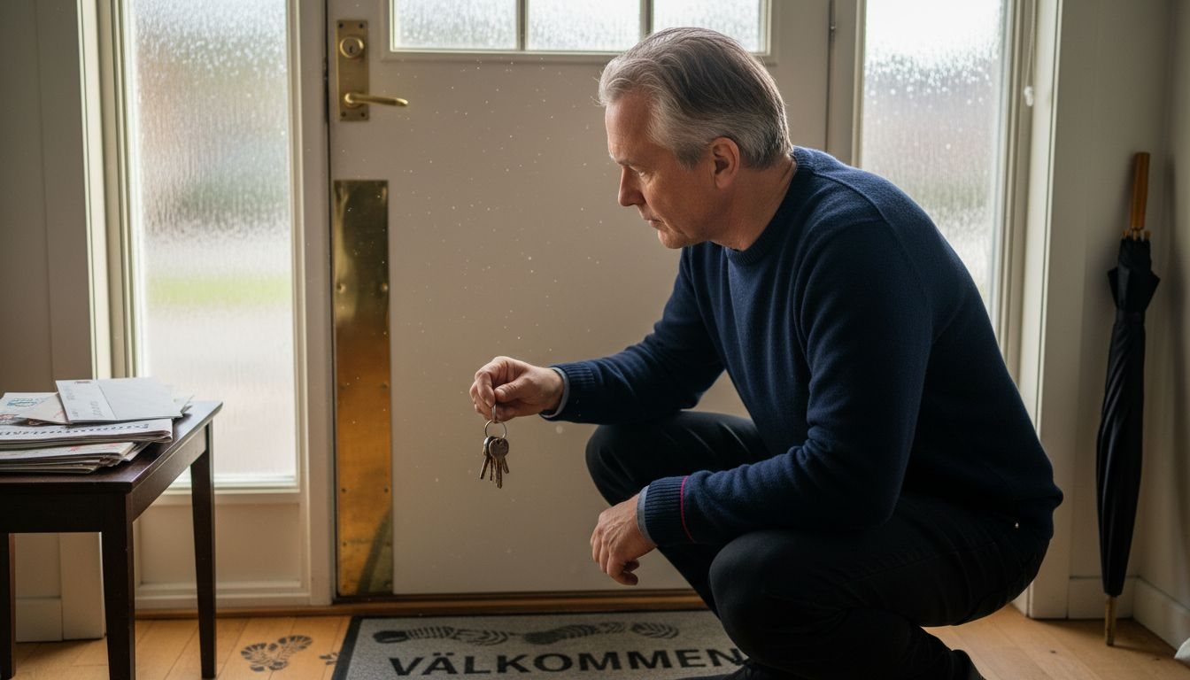 Man ser över säkerheten på låset till ytterdörren.