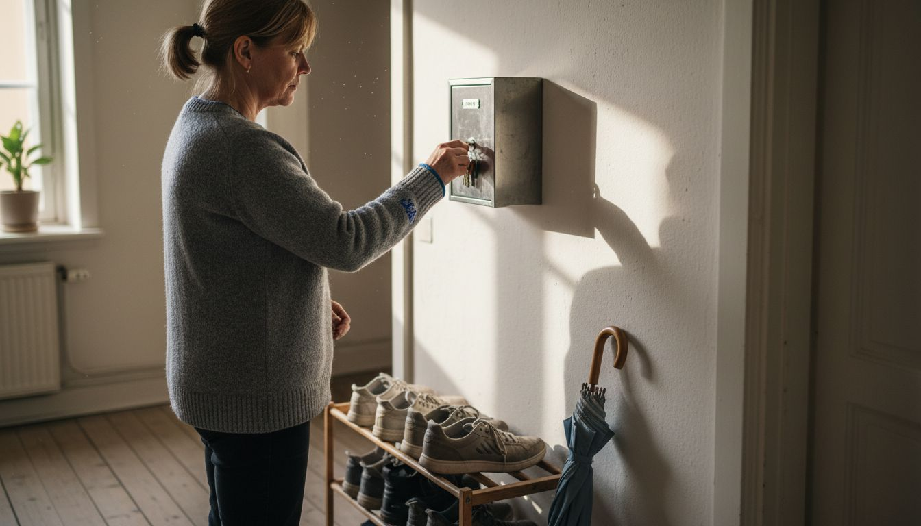 En kvinna hänger upp sina nycklar i nyckelskåpet hemma.