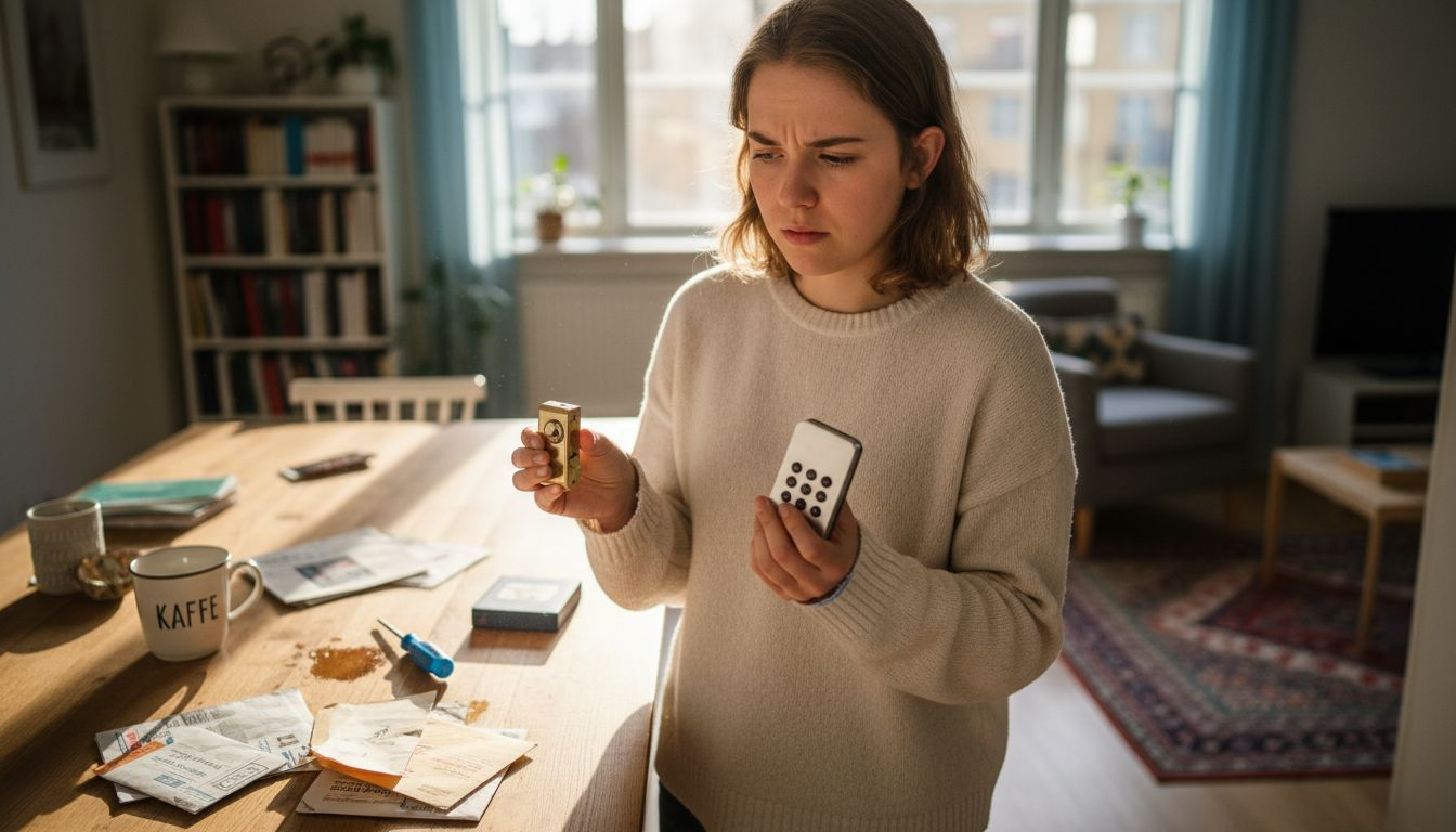 En person som väger för- och nackdelar mellan mekaniska och elektroniska lås.