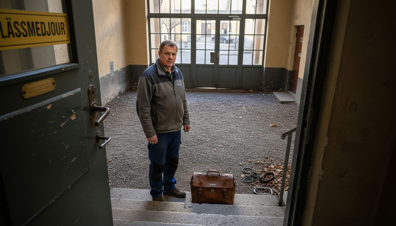 En låssmed är i full färd med att fixa låset vid entrén till ett gammalt hus.