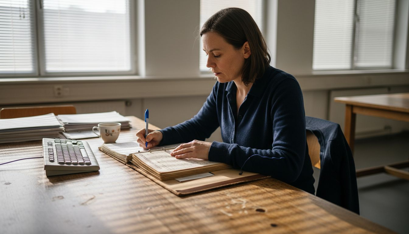 En kvinna sitter vid sitt skrivbord och för in uppgifter i nyckelregistret.