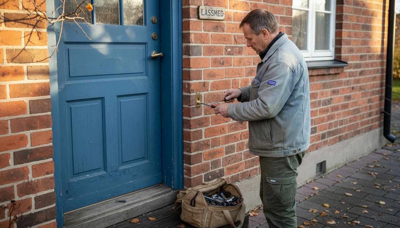 En låssmed monterar ett nytt cylinderlås på en svensk villa.