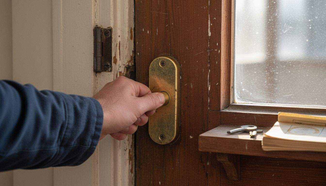 Hand turning brass cylinder lock on door