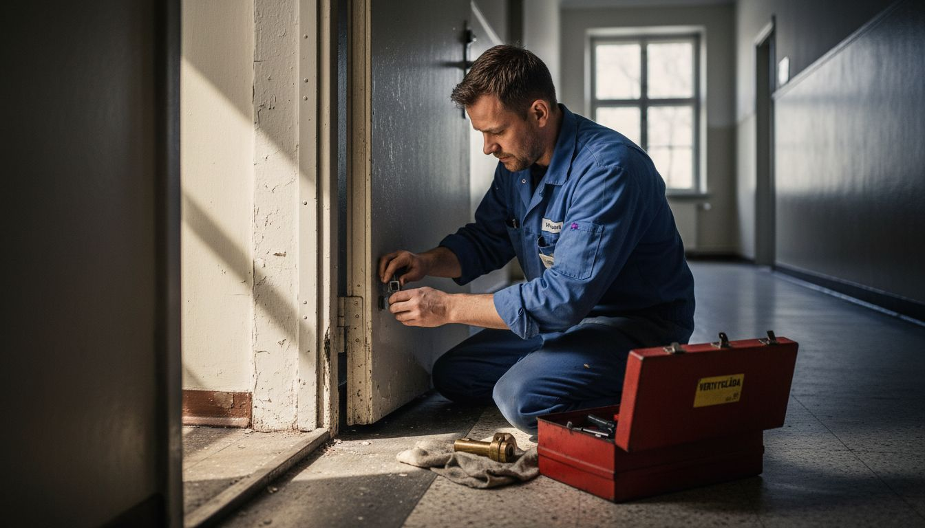 Låssmed justerar säkerhetsdörren i lägenheten