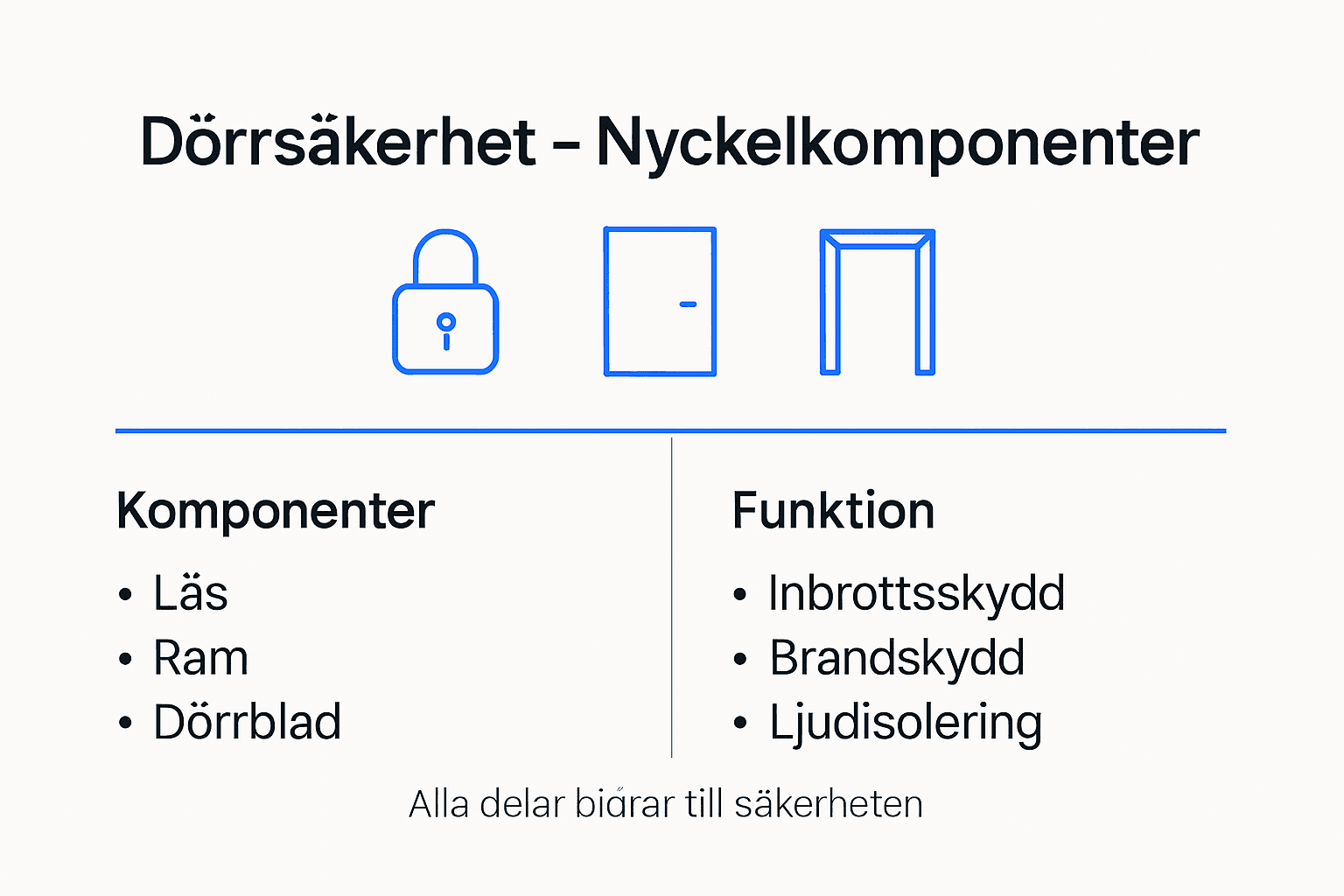 Illustration som visar de viktigaste delarna och funktionerna för en säker dörr