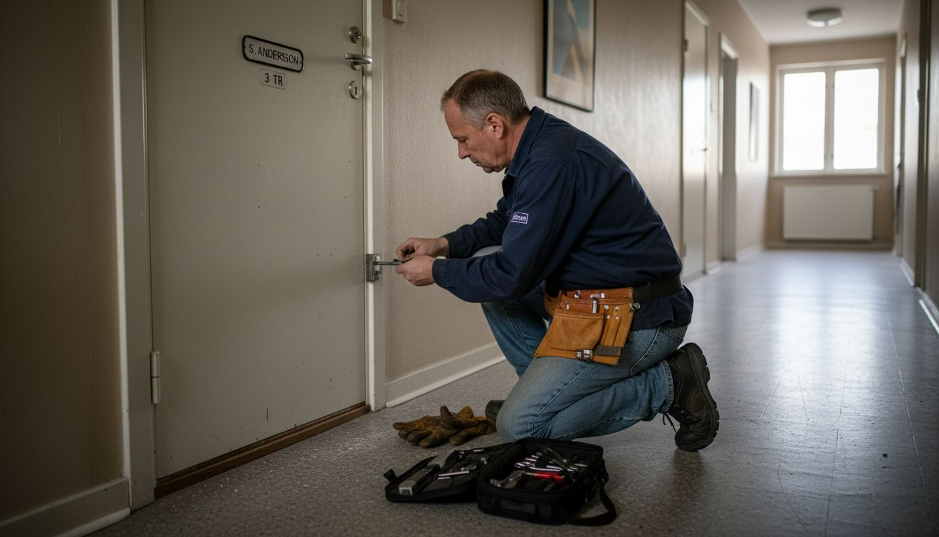 En låssmed hjälper till att öppna en lägenhetsdörr ute i trapphuset.