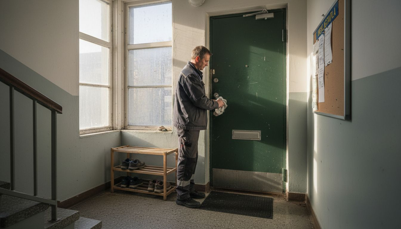 Vaktmästaren står vid säkerhetsdörren i trappuppgången.