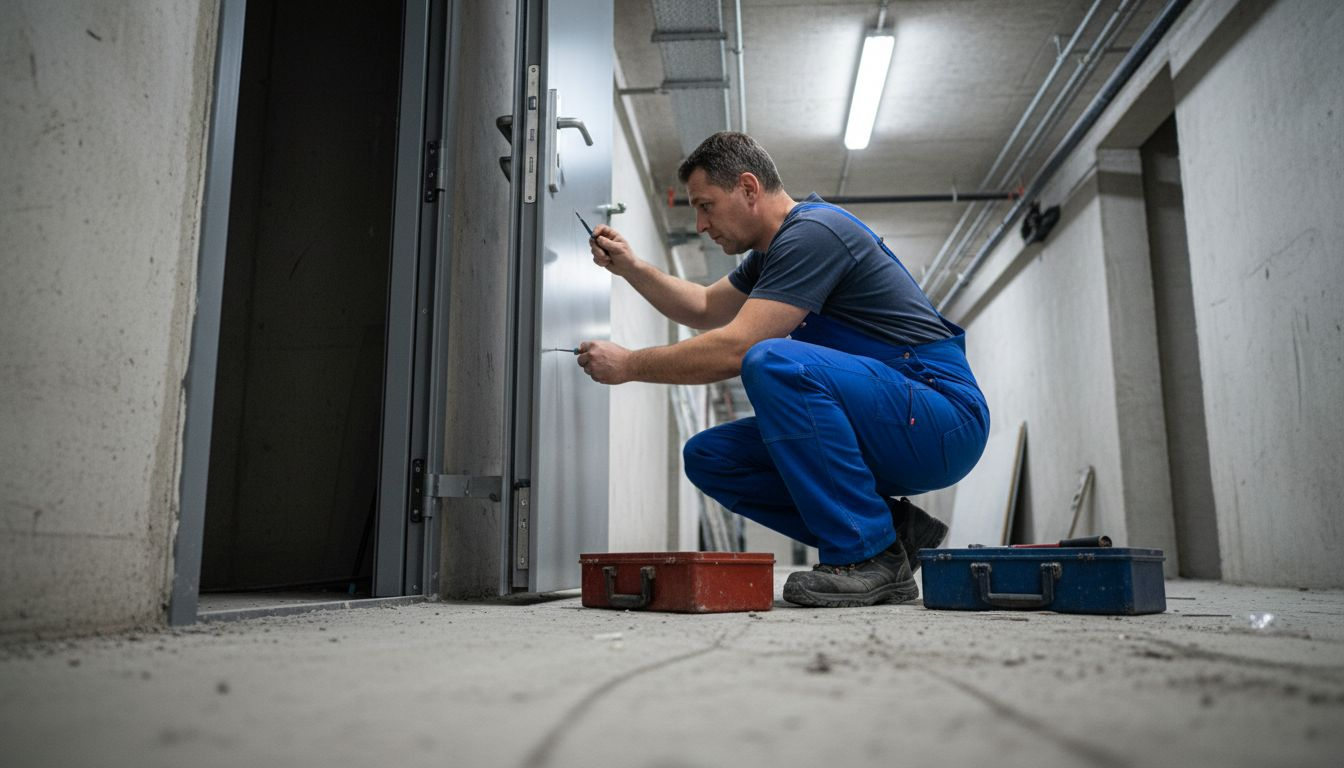 En fackman installerar en säkerhetsdörr nere i källaren.