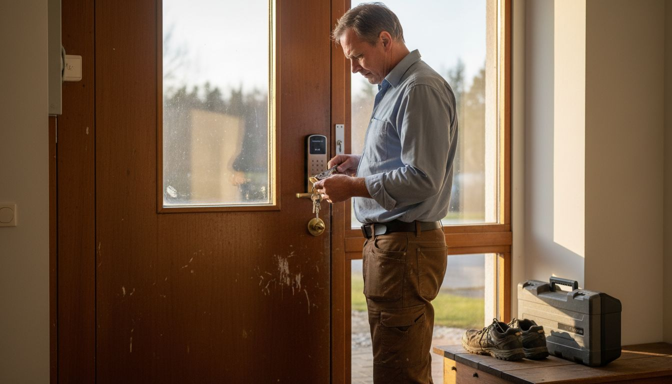 Fastighetsägaren går runt och kollar låsen med sin nyckelknippa.