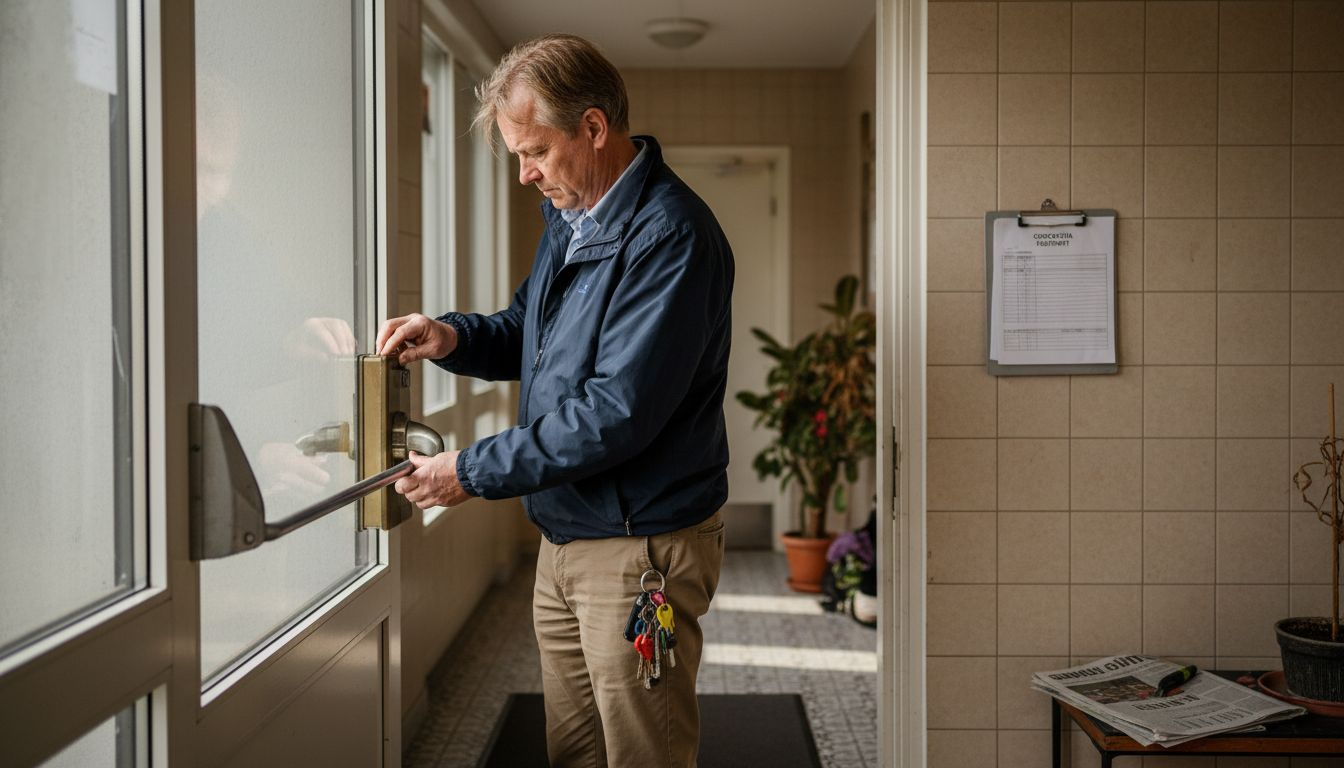 Fastighetsförvaltaren kontrollerar låset till ytterdörren