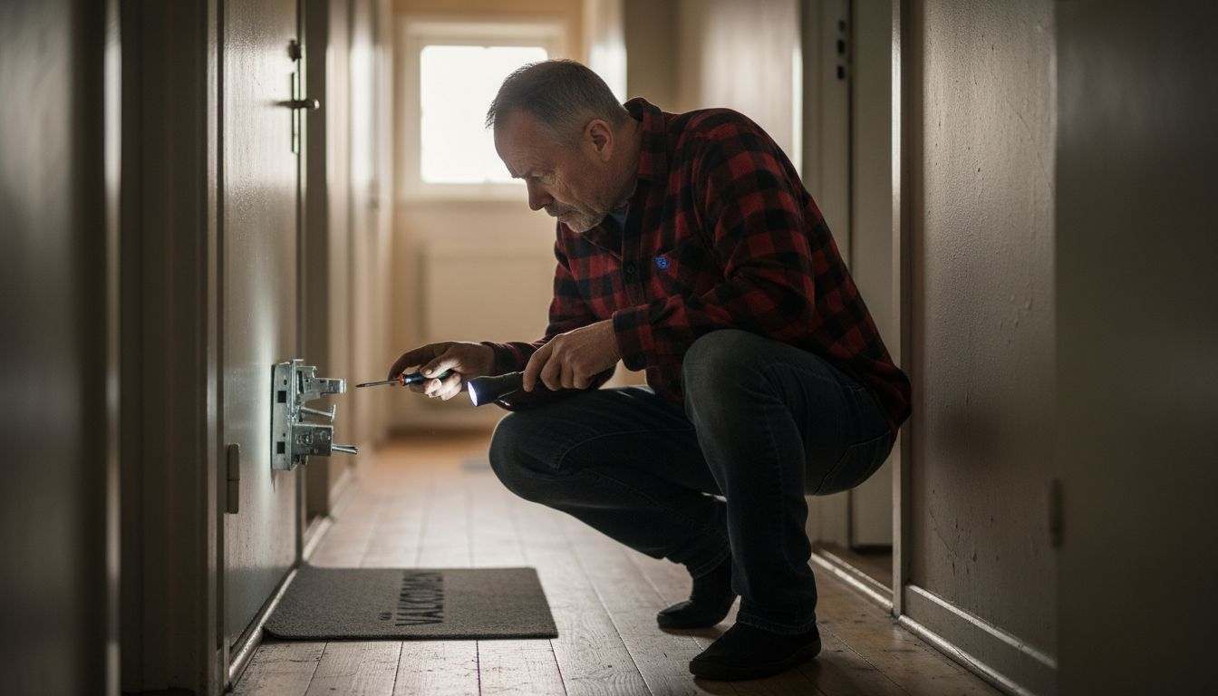 Man undersöker låset på dörren med hjälp av en ficklampa och några verktyg.