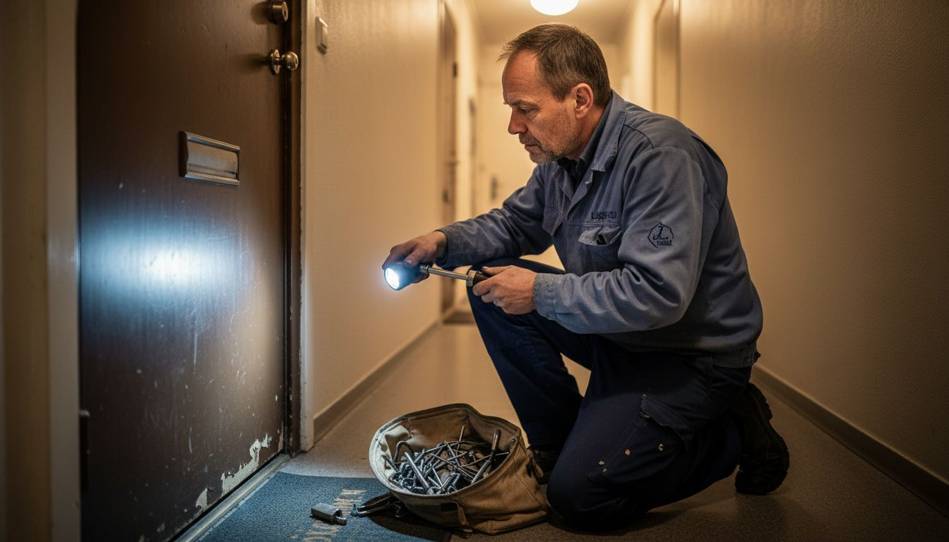 En låssmed fixar ett trasigt lås i trapphuset.