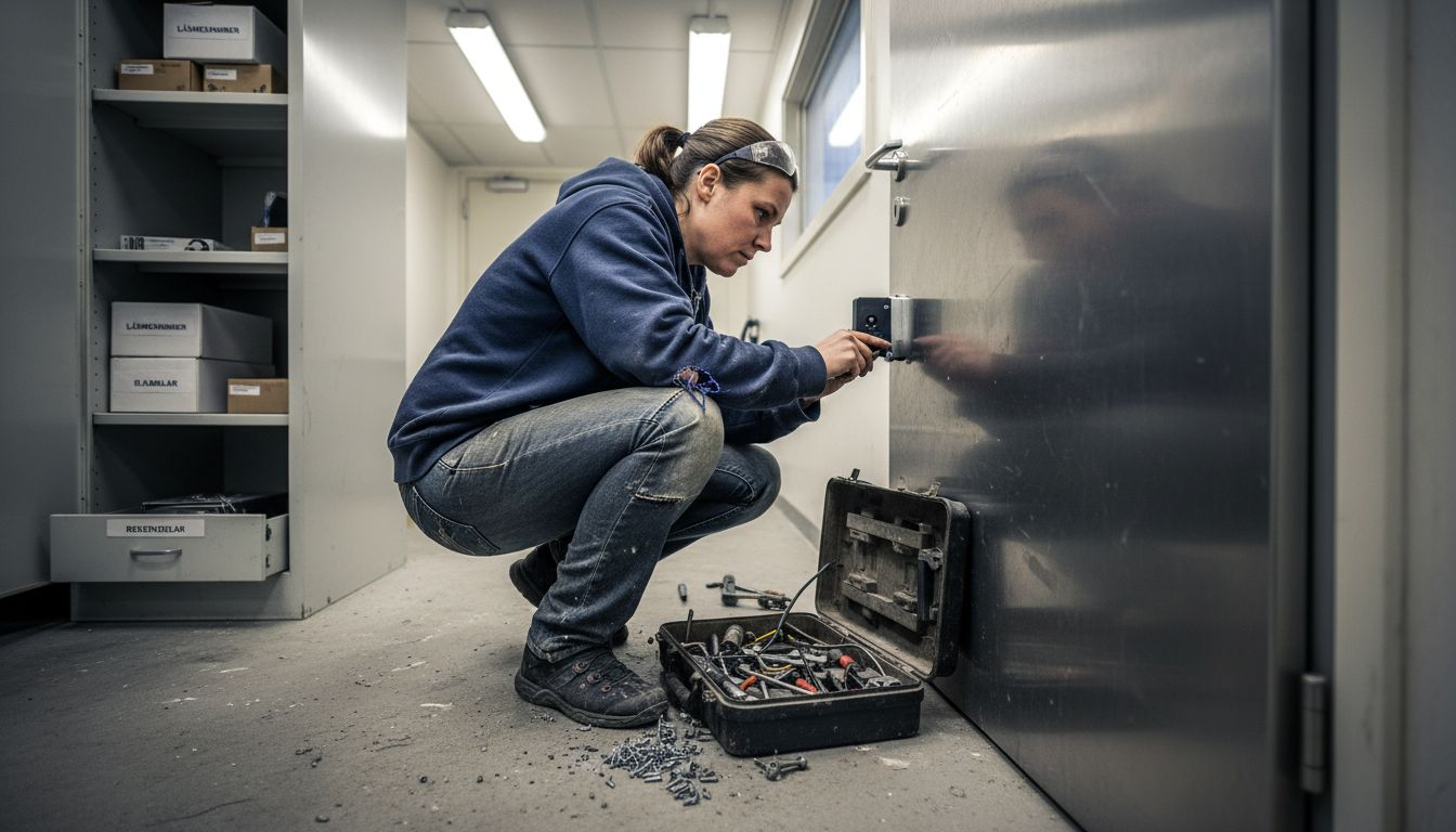 En låssmed installerar ett elektroniskt lås i förrådsutrymmet.