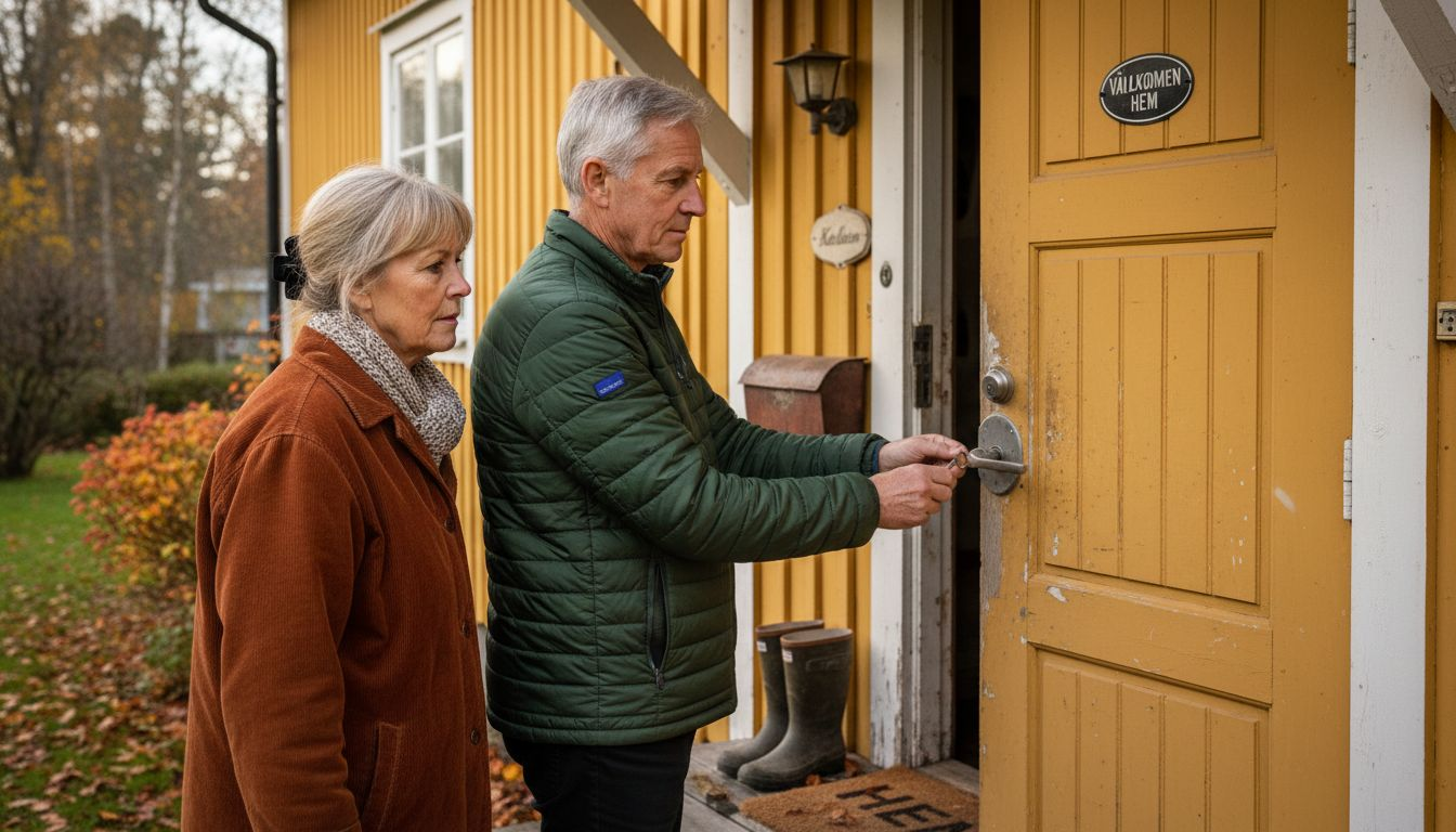 Ett par står vid ytterdörren och ser till att dörren är ordentligt låst.