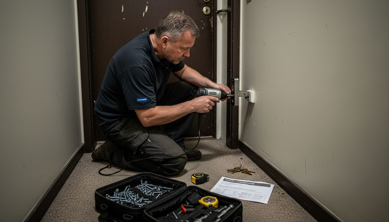 En låssmed monterar ett elektroniskt lås på dörren.