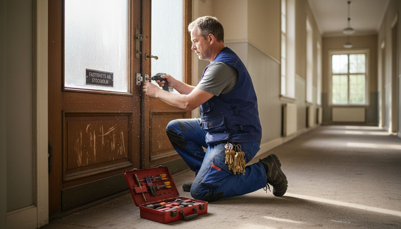 En låssmed monterar nya lås vid entrén till fastigheten.