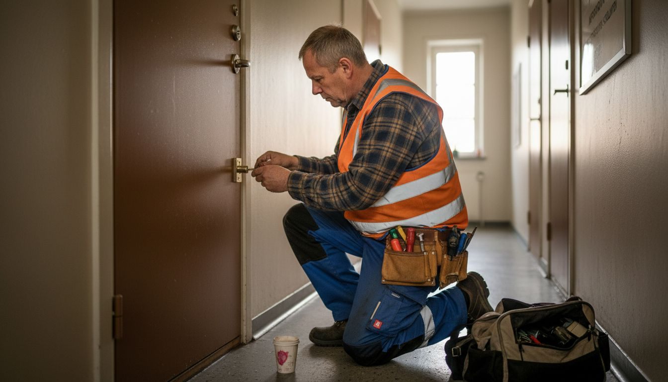 Låssmeden byter lås på lägenhetsdörren.