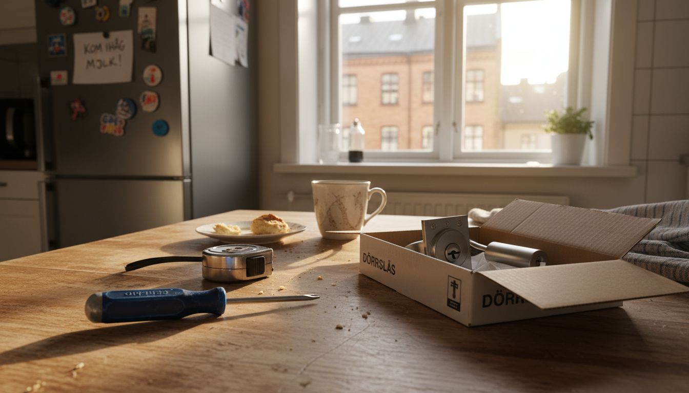 Verktygen för att byta lås ligger utspridda över köksbordet.