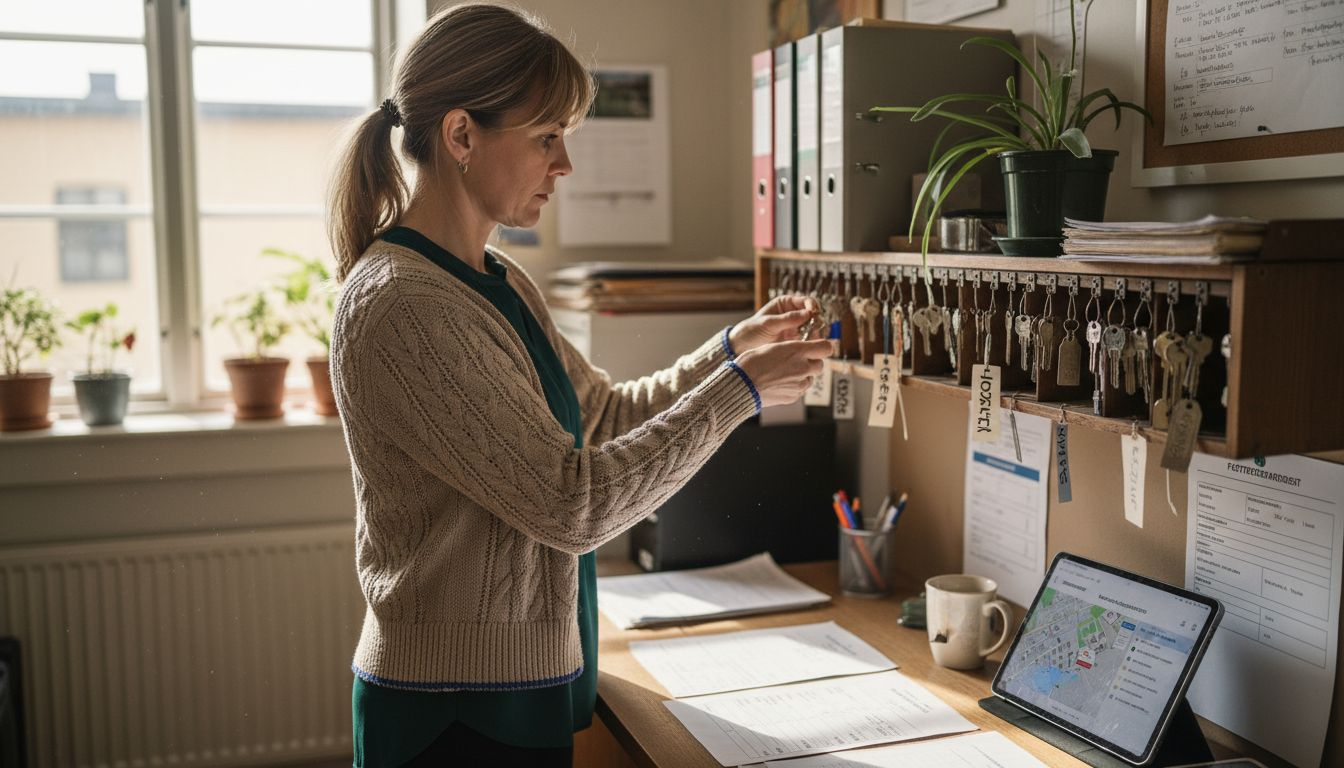 Fastighetsförvaltaren går igenom och organiserar nycklarna inne på kontoret.