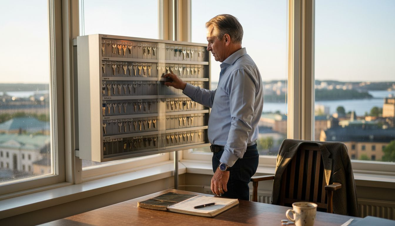 Fastighetsägaren går igenom nyckelskåpet på kontoret