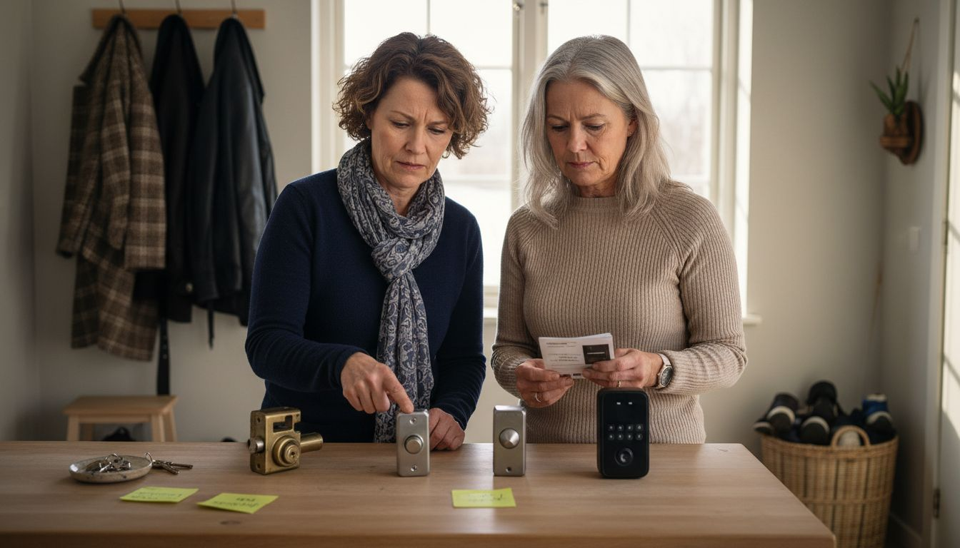 Ett par kvinnor står vid en bänk och jämför olika sorters lås.