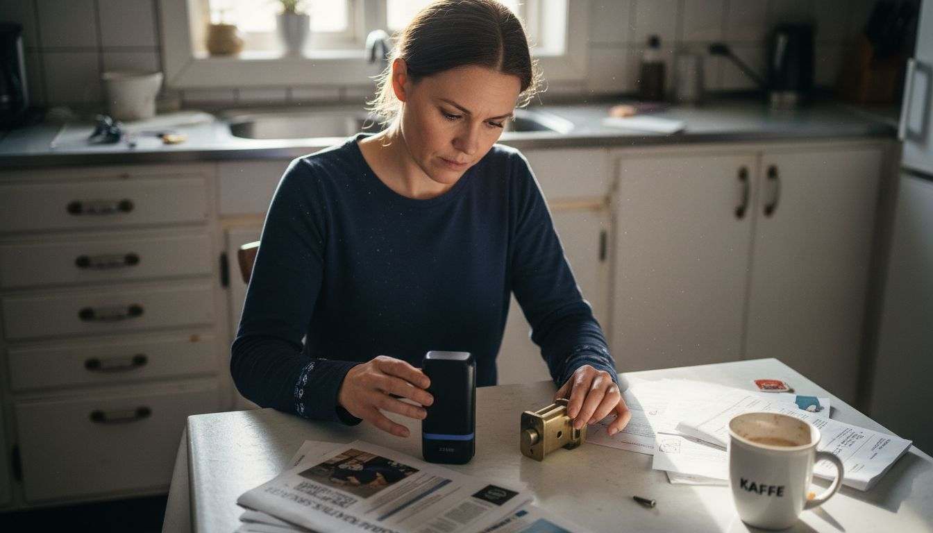 Vid köksbordet sitter en kvinna och jämför två olika lås för att se vilket som passar bäst.