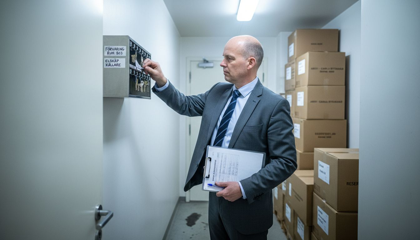 En man står vid ett nyckelskåp i ett trångt kontorsutrymme.