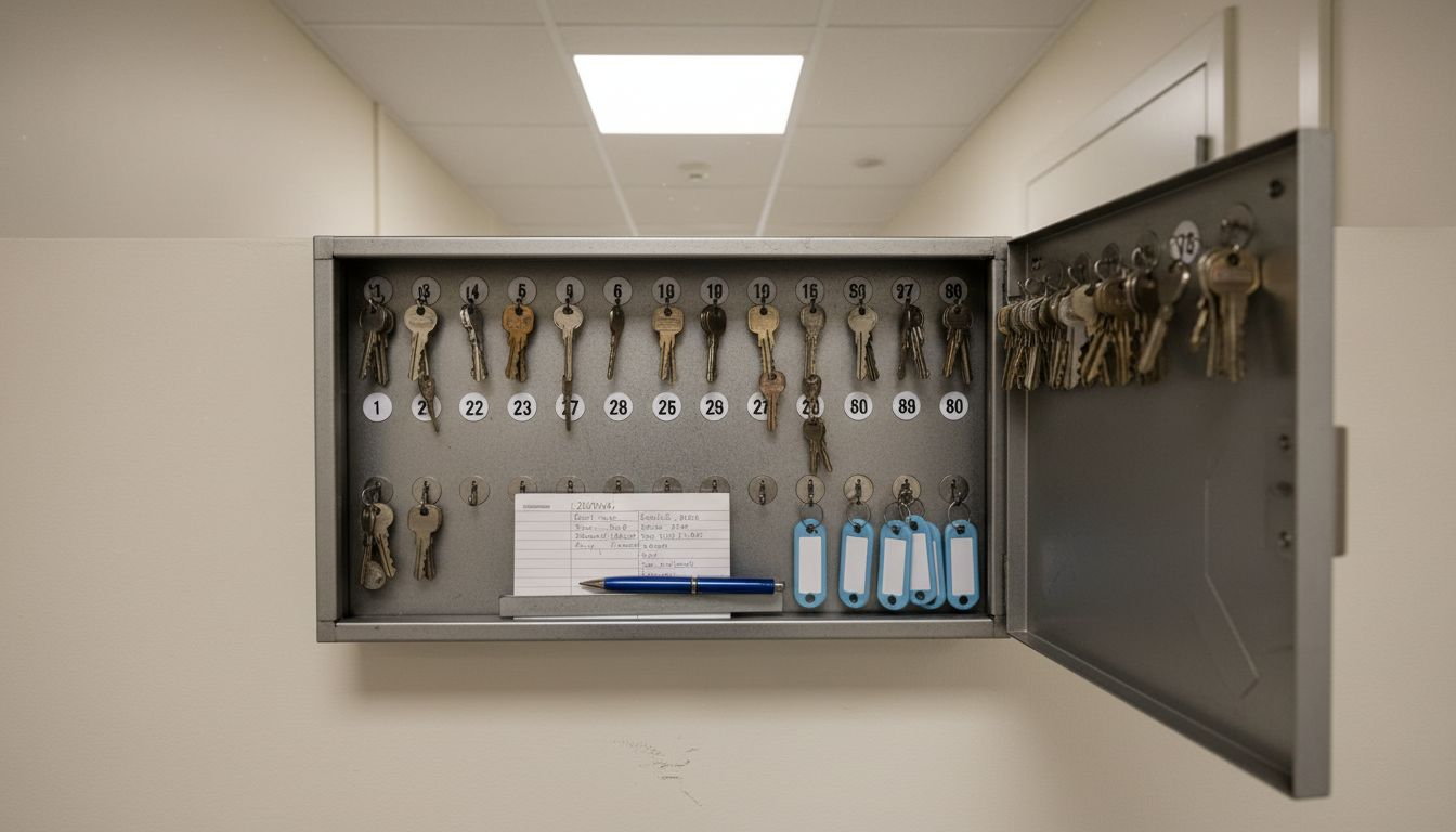 Praktiskt nyckelskåp med tydligt numrerade krokar och möjlighet att märka upp varje nyckel med egna etiketter.