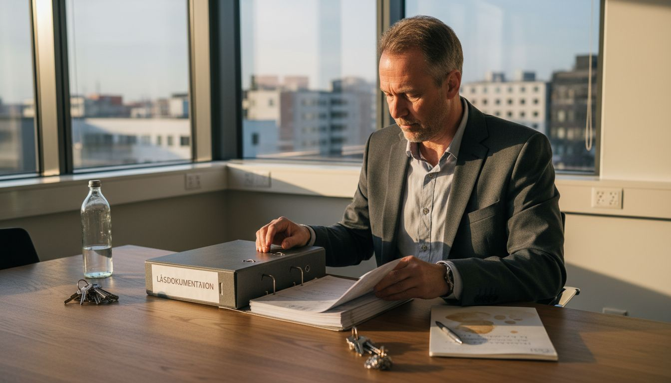 En fastighetsägare sitter vid sitt skrivbord och går igenom dokumentation kring låssystemet.