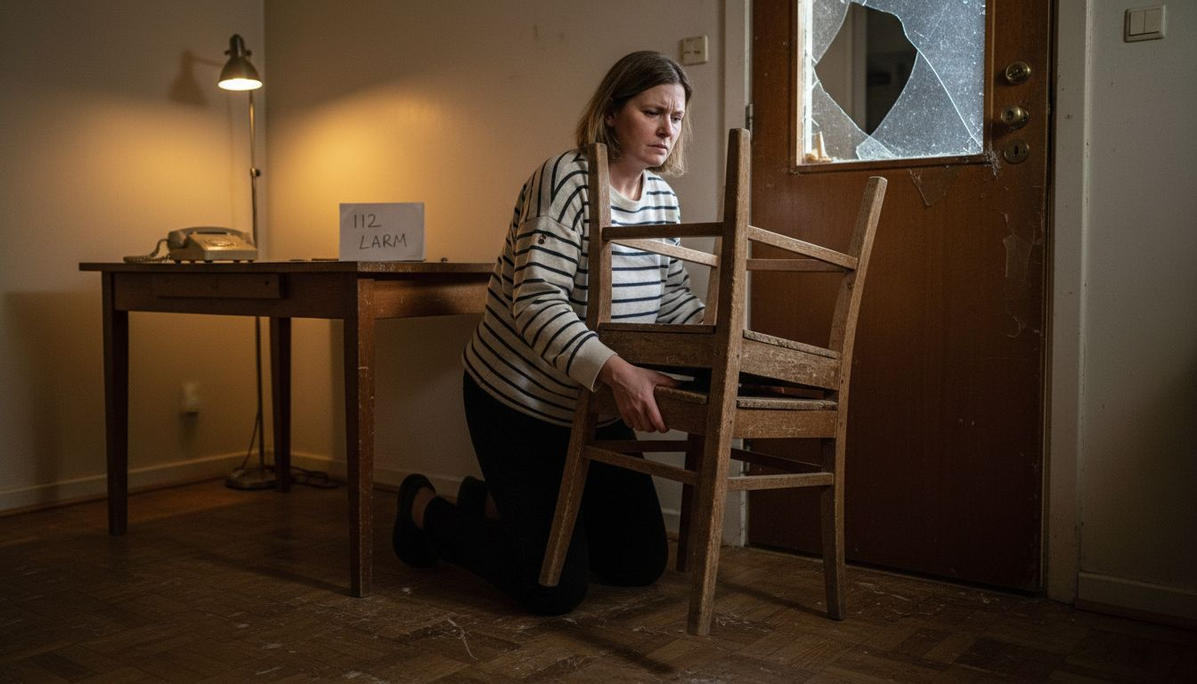 En kvinna har staplat stolar framför dörren för att hindra någon från att komma in.