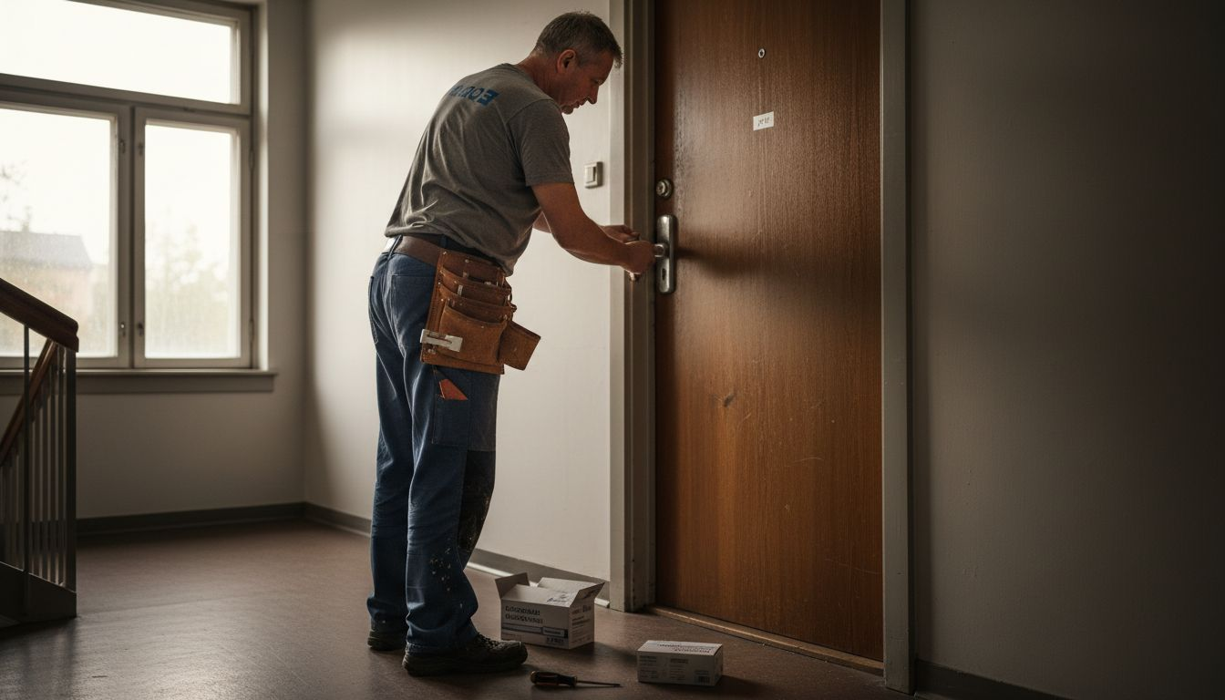 En fackman installerar ett extra säkert dörrlås som inte går att bryta upp.