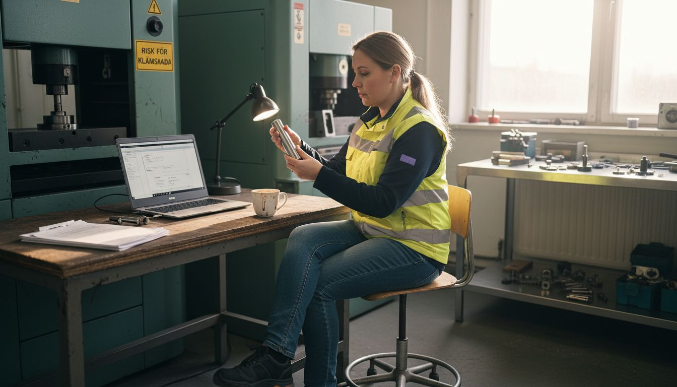 En säkerhetsinspektör granskar låscylindern noggrant i ett testlaboratorium.