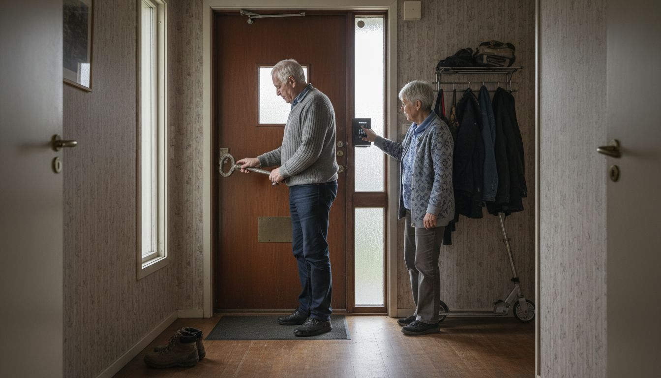 Paret har både ett mekaniskt och ett elektroniskt lås vid ytterdörren.