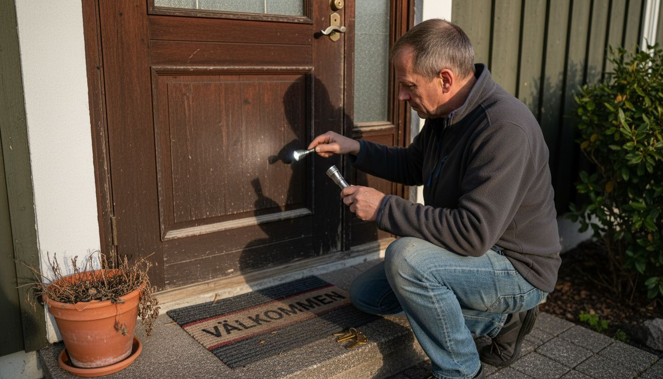 En man ser över säkerheten vid ytterdörren hemma.