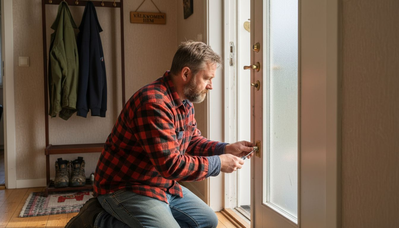 En man monterar ett säkerhetslås på ytterdörren hemma.
