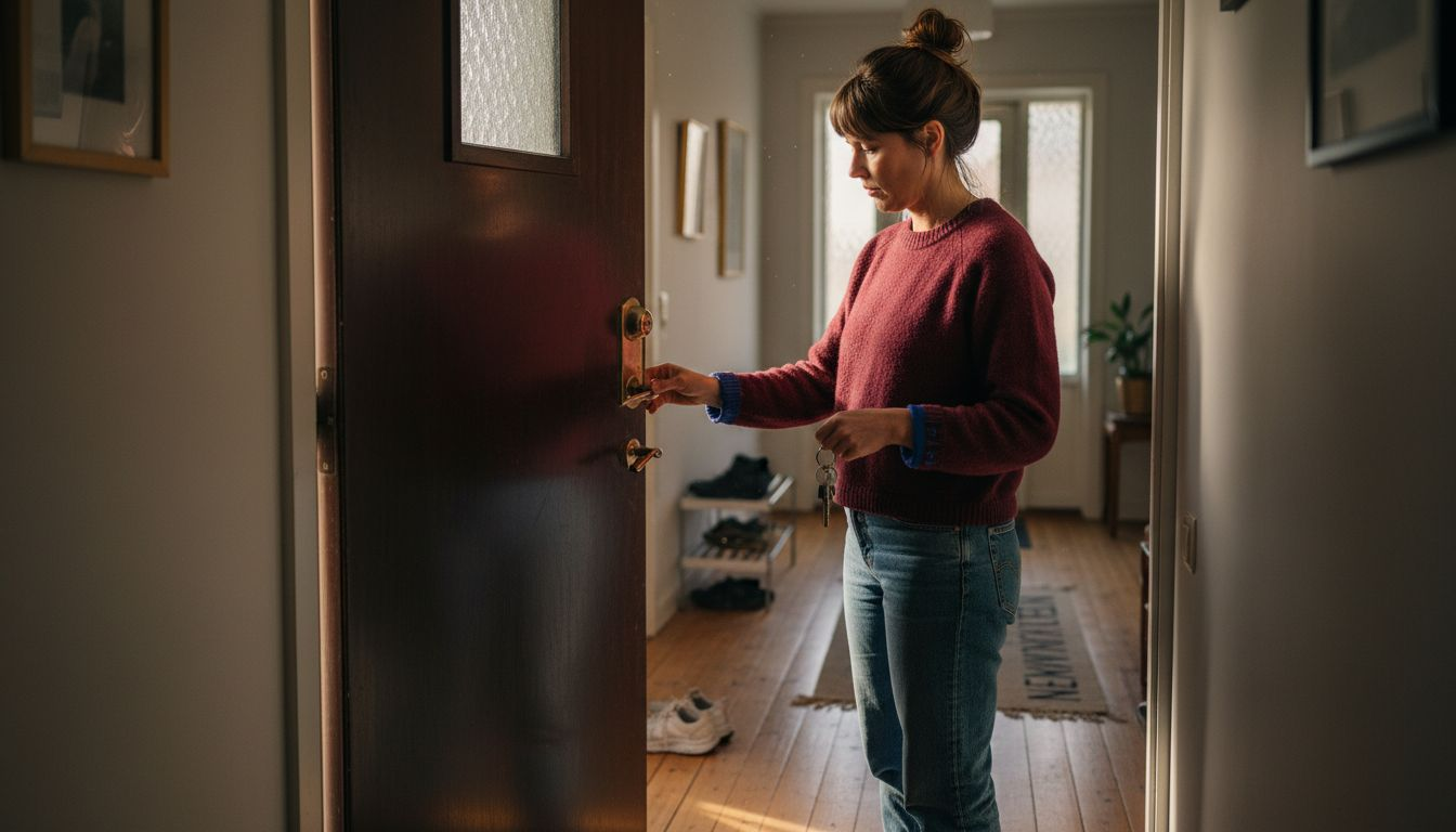Kvinna undersöker det nya låscylindret i sitt hem