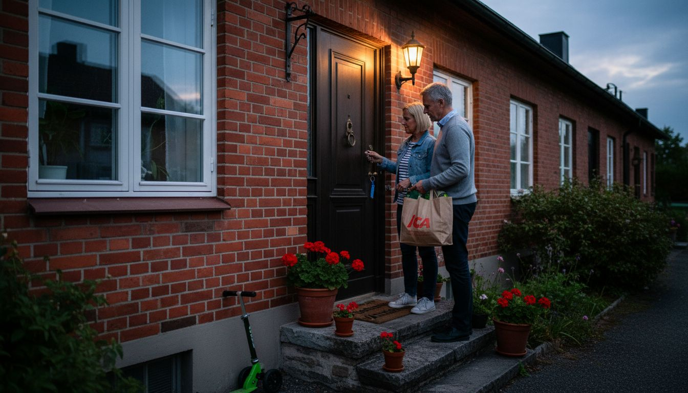 Ett par låser ytterdörren när skymningen faller.