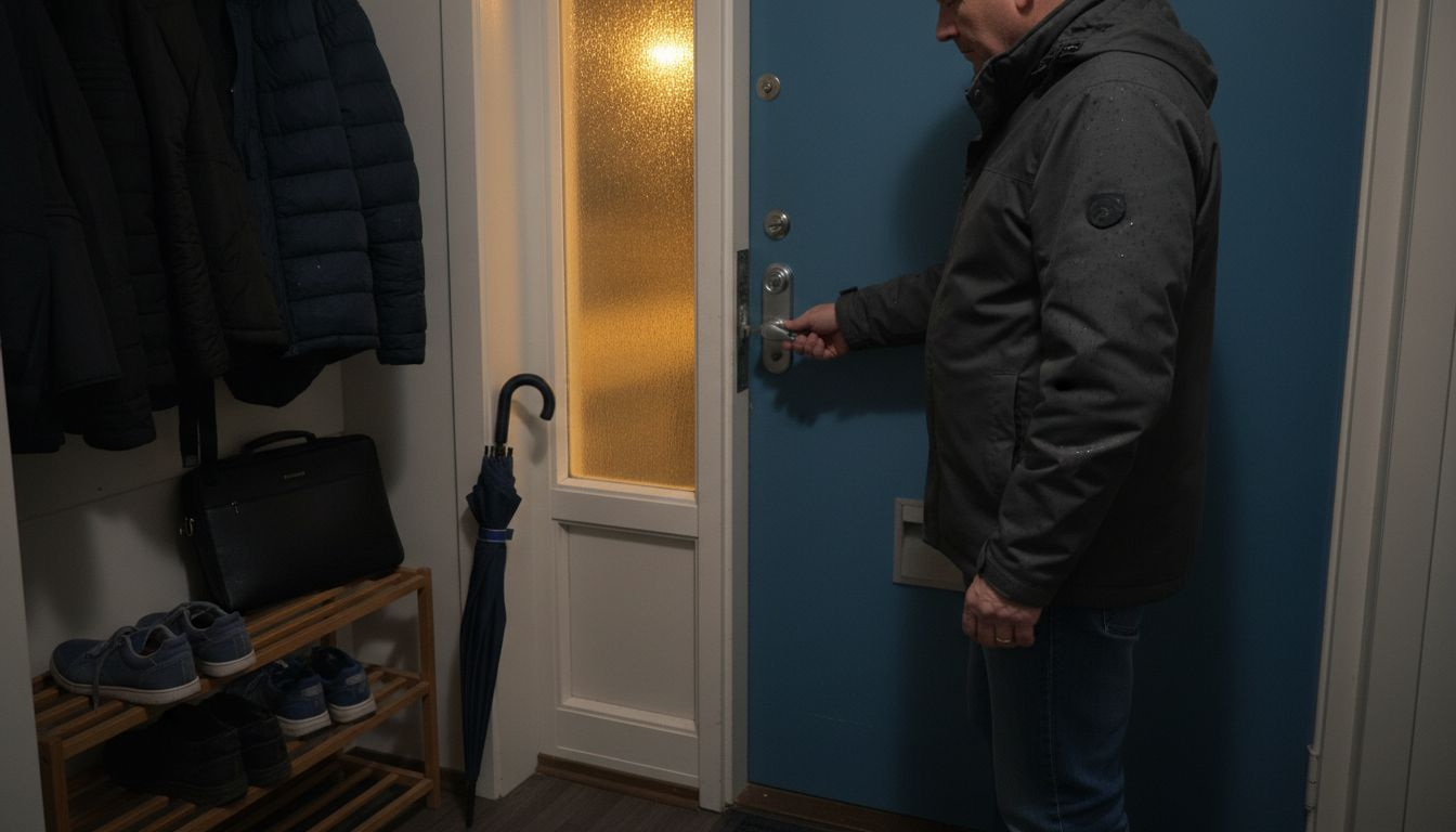 Man låser upp och öppnar dörren med ett vanligt mekaniskt lås.