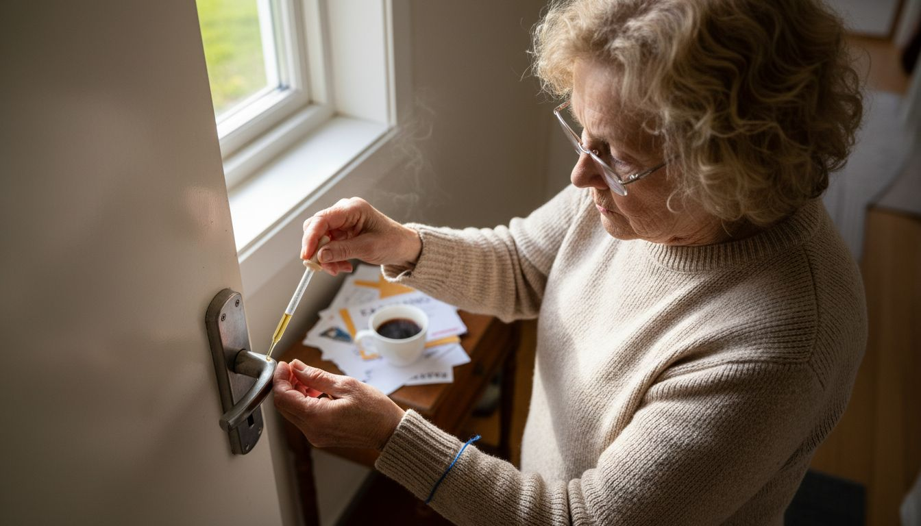 En kvinna smörjer in låset på ytterdörren hemma.