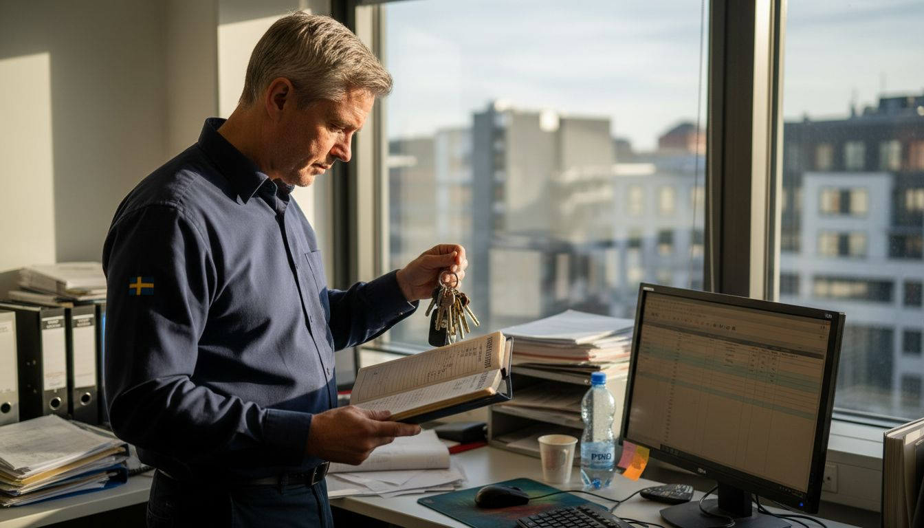 Säkerhetschefen går igenom nyckeljournalen på kontoret
