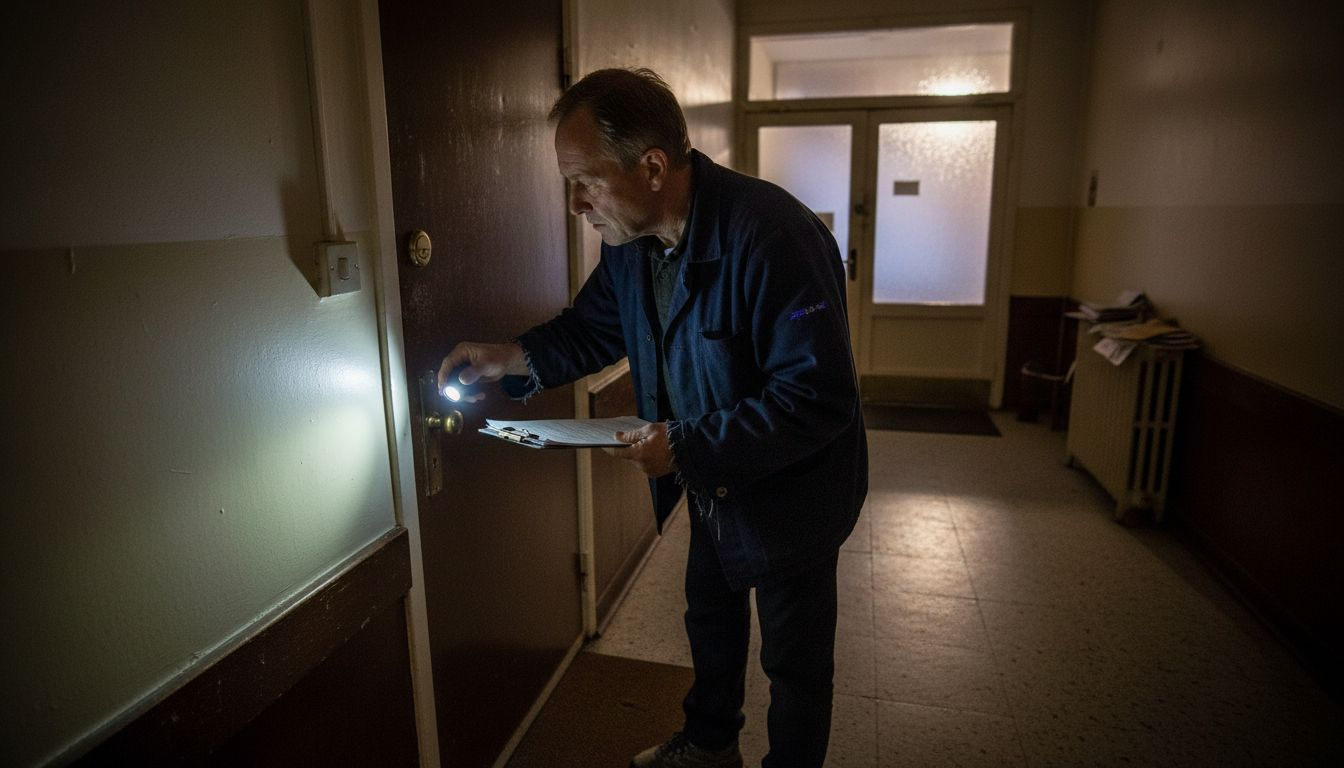 Fastighetsägaren undersöker låset på flerfamiljshuset.