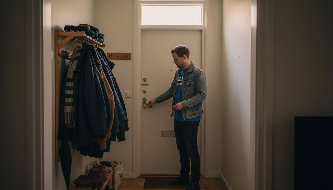 Hyresgästen kollar att ytterdörrens lås är ordentligt låst för att känna sig trygg.