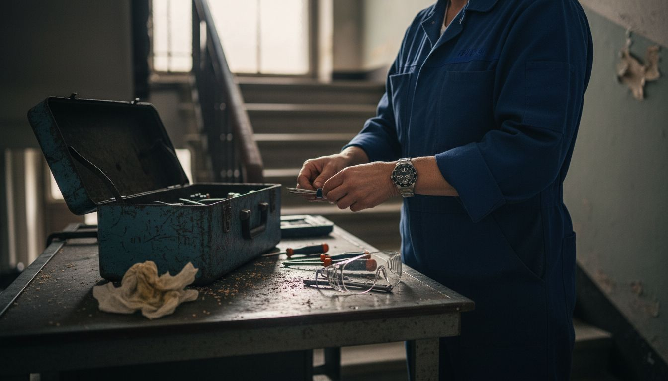 Teknikern gör i ordning sina verktyg inför ett dörröppningsuppdrag.