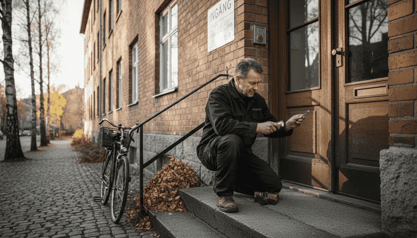 Låssmed jobbar med ett lås utanför en lägenhet
