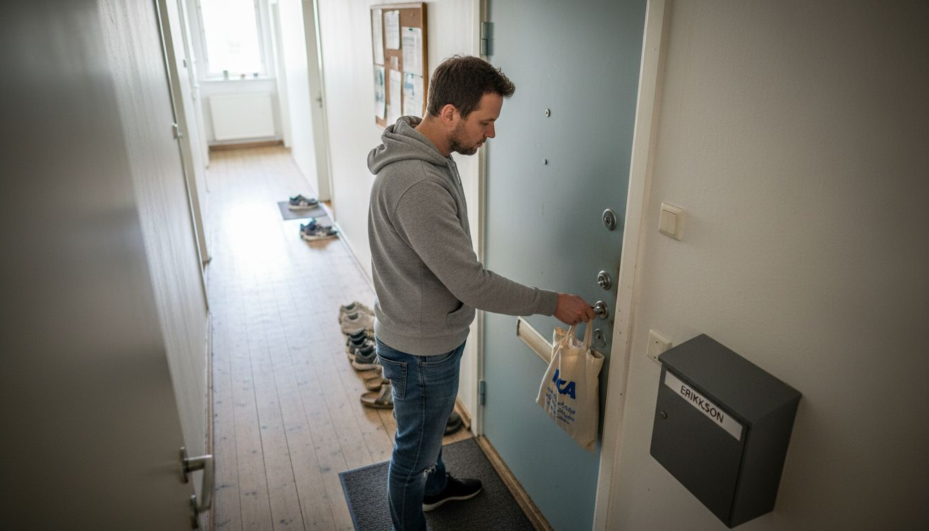 Hyresgästen låser ytterdörren i ett svenskt flerfamiljshus.