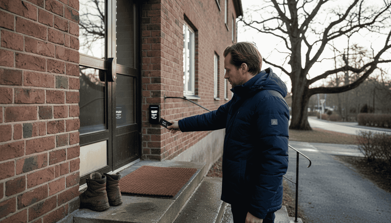 Vid entrédörren har man ett RFID-lås som öppnas med en bricka eller kort.